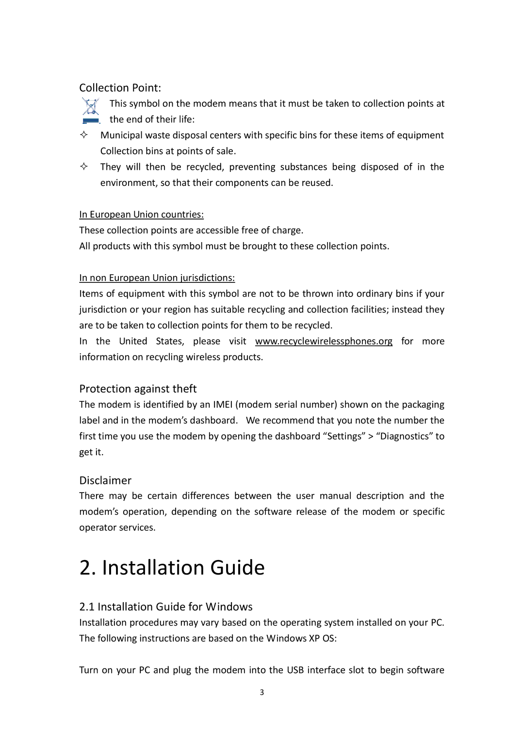 Alcatel X602, X232 manual Collection Point, Protection against theft, Disclaimer, Installation Guide for Windows 