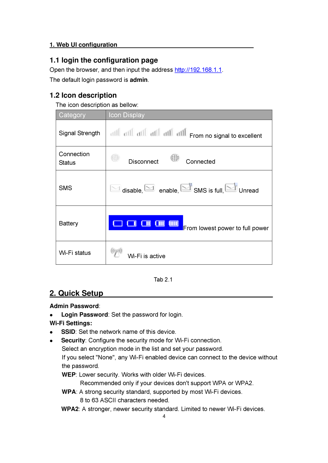 Alcatel Y600 manual Quick Setup, Login the configuration, Icon description 