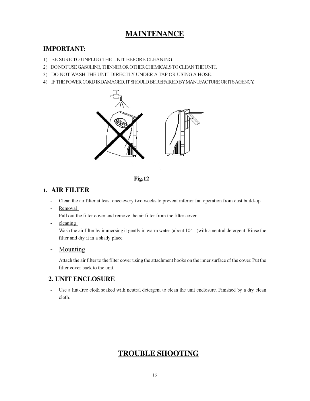 Alen C475A, C360 user manual Maintenance, Trouble Shooting, AIR Filter, Mounting, Unit Enclosure 