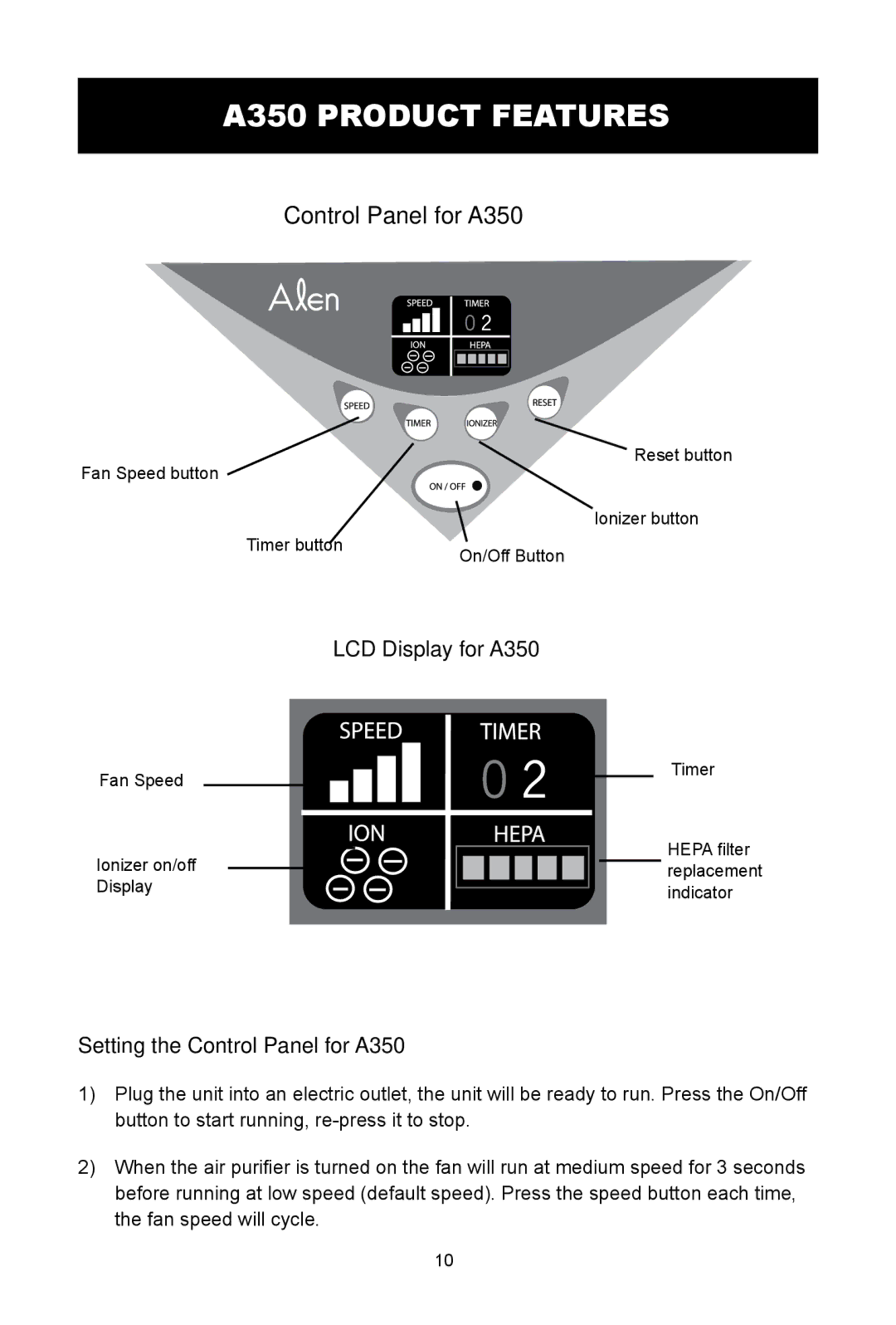 Alen T300, T100, A375 UV user manual A350 Product Features, LCD Display for A350, Setting the Control Panel for A350 