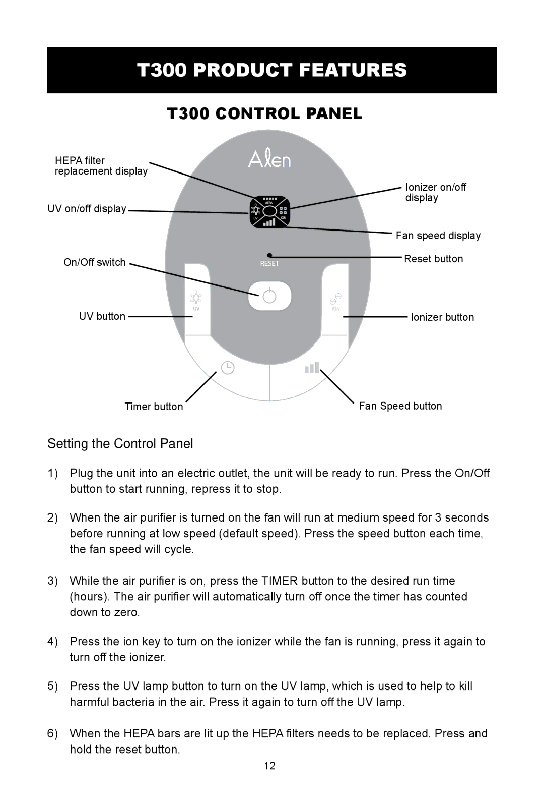 Alen T100, A375 UV, A350 user manual T300 Product Features, Setting the Control Panel 