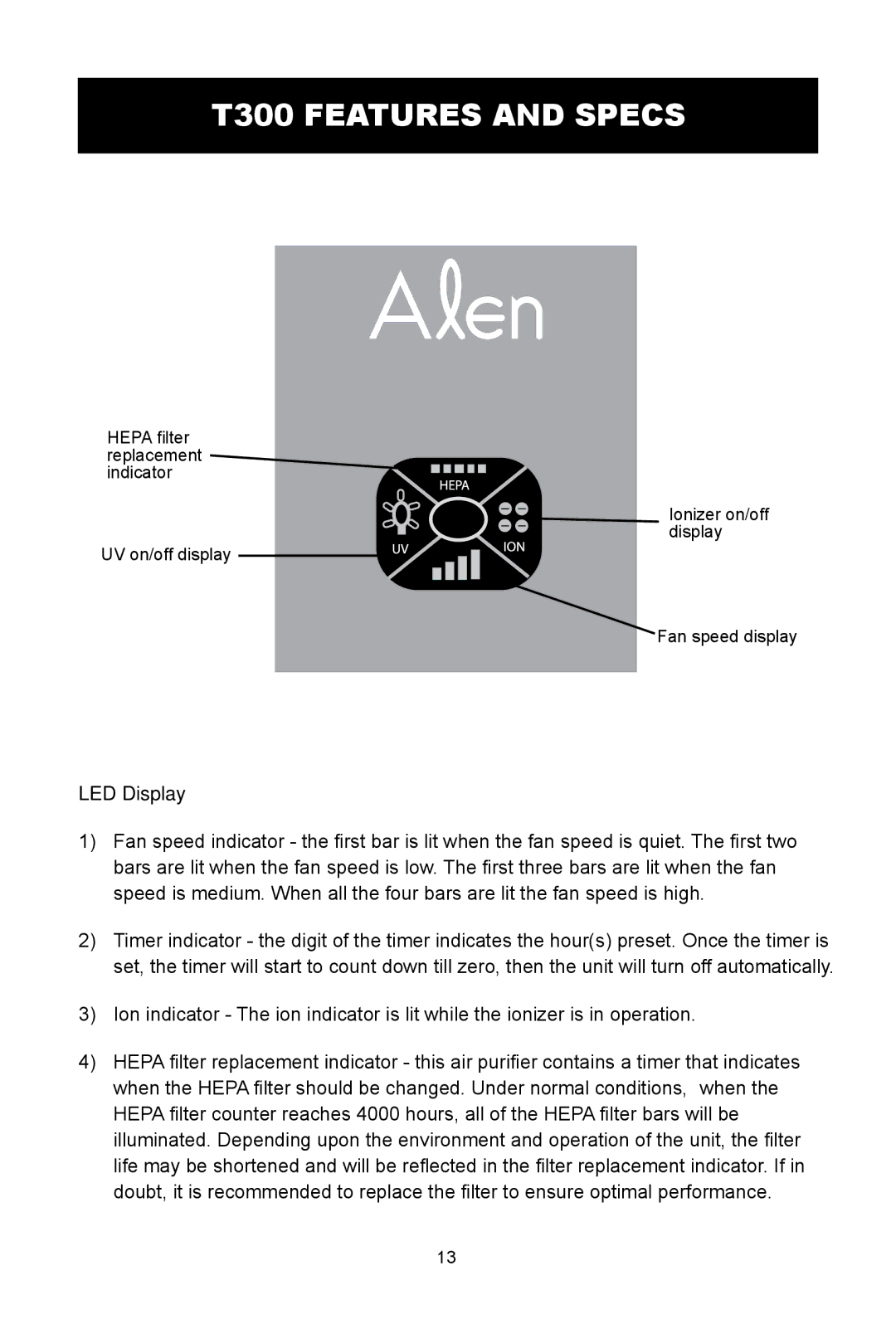 Alen A375 UV, T100, A350 user manual T300 Features and Specs, LED Display 