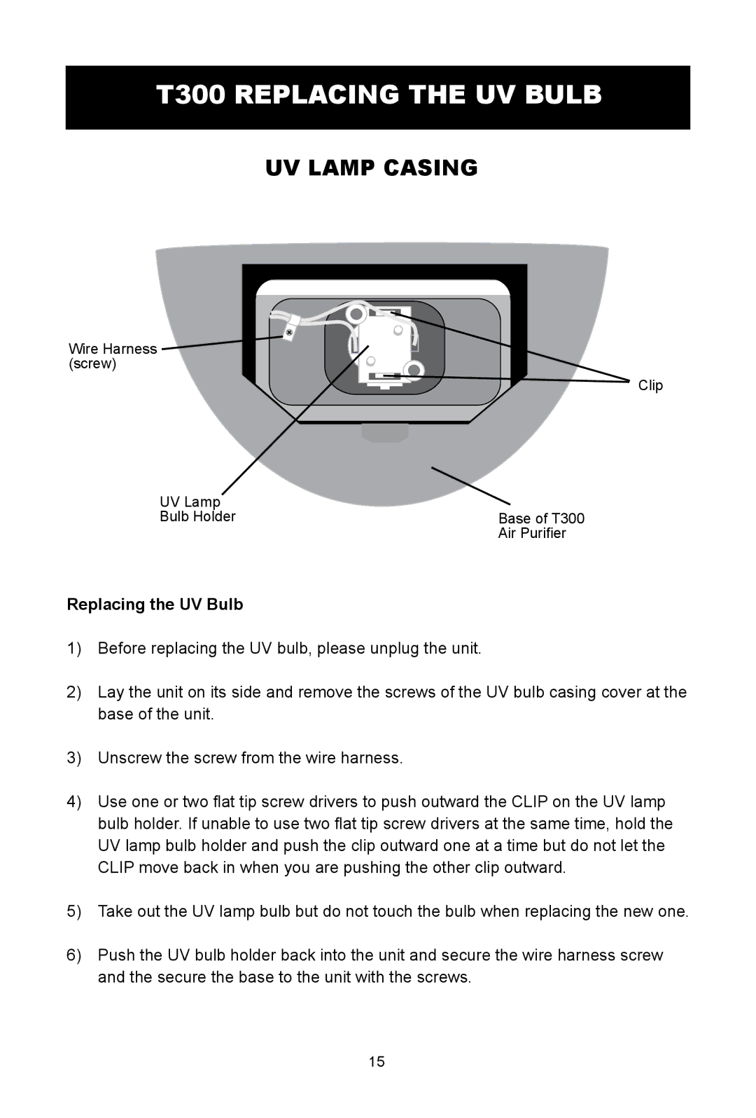 Alen A350, T100, A375 UV user manual T300 Replacing the UV Bulb, UV Lamp Casing 