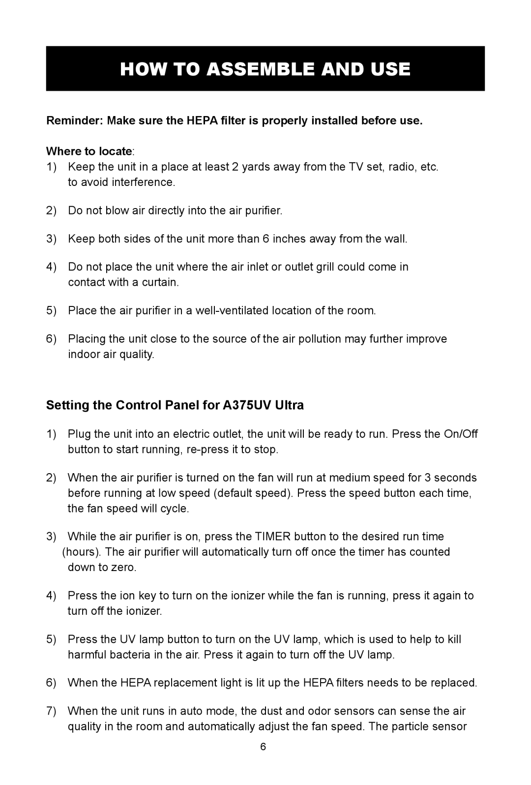 Alen T300, T100, A375 UV, A350 user manual HOW to Assemble and USE, Setting the Control Panel for A375UV Ultra 