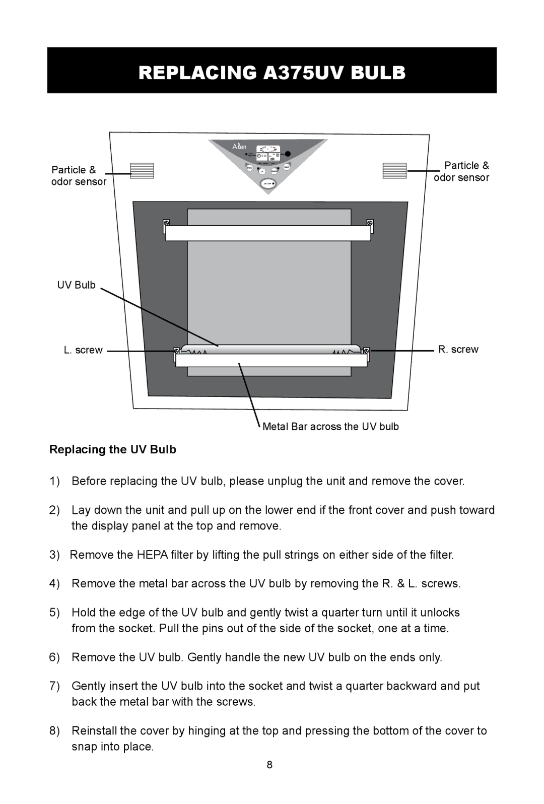 Alen T100, A375 UV, T300, A350 user manual Replacing A375UV Bulb, Replacing the UV Bulb 