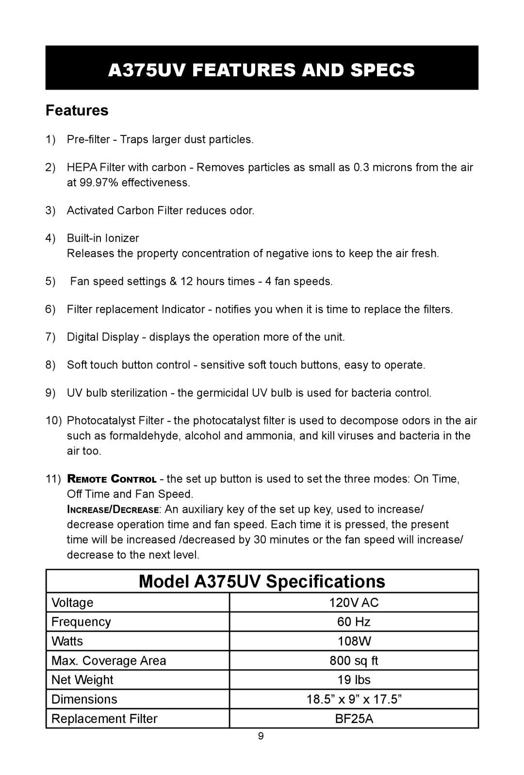 Alen A375 UV, T100, T300, A350 user manual A375UV Features and Specs, Model A375UV Specifications 