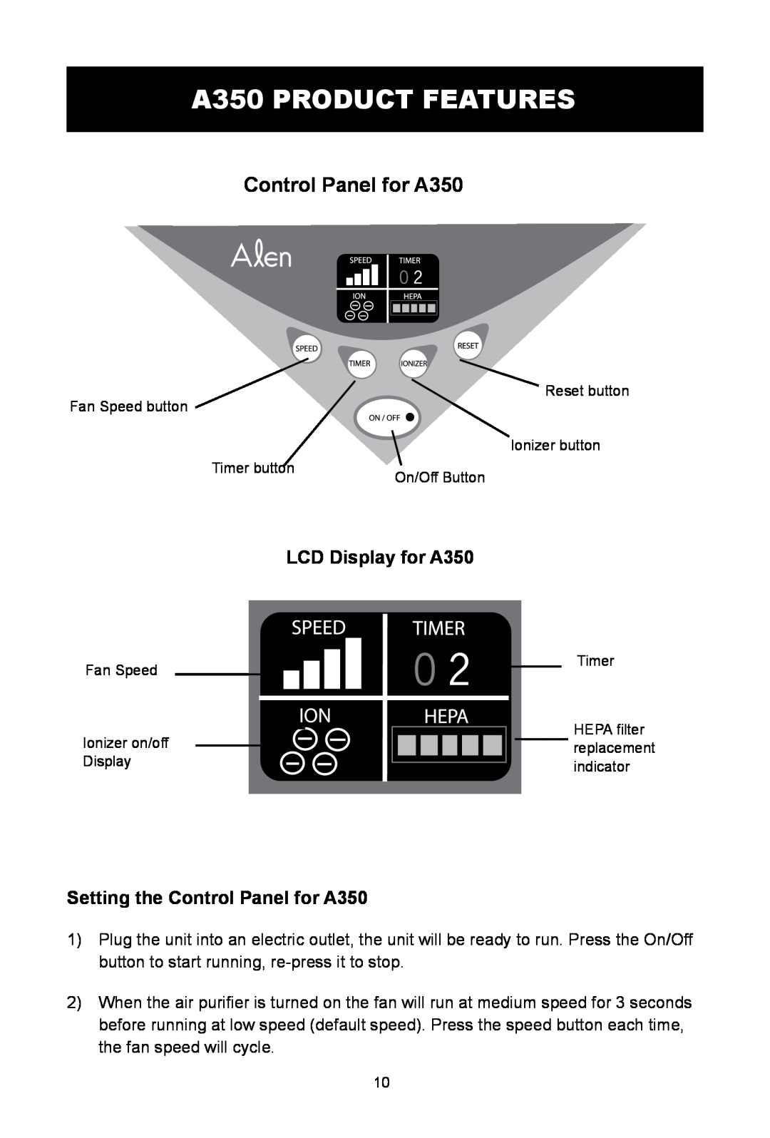 Alen T300, T100, A375 UV user manual A350 PRODUCT FEATURES, LCD Display for A350, Setting the Control Panel for A350 