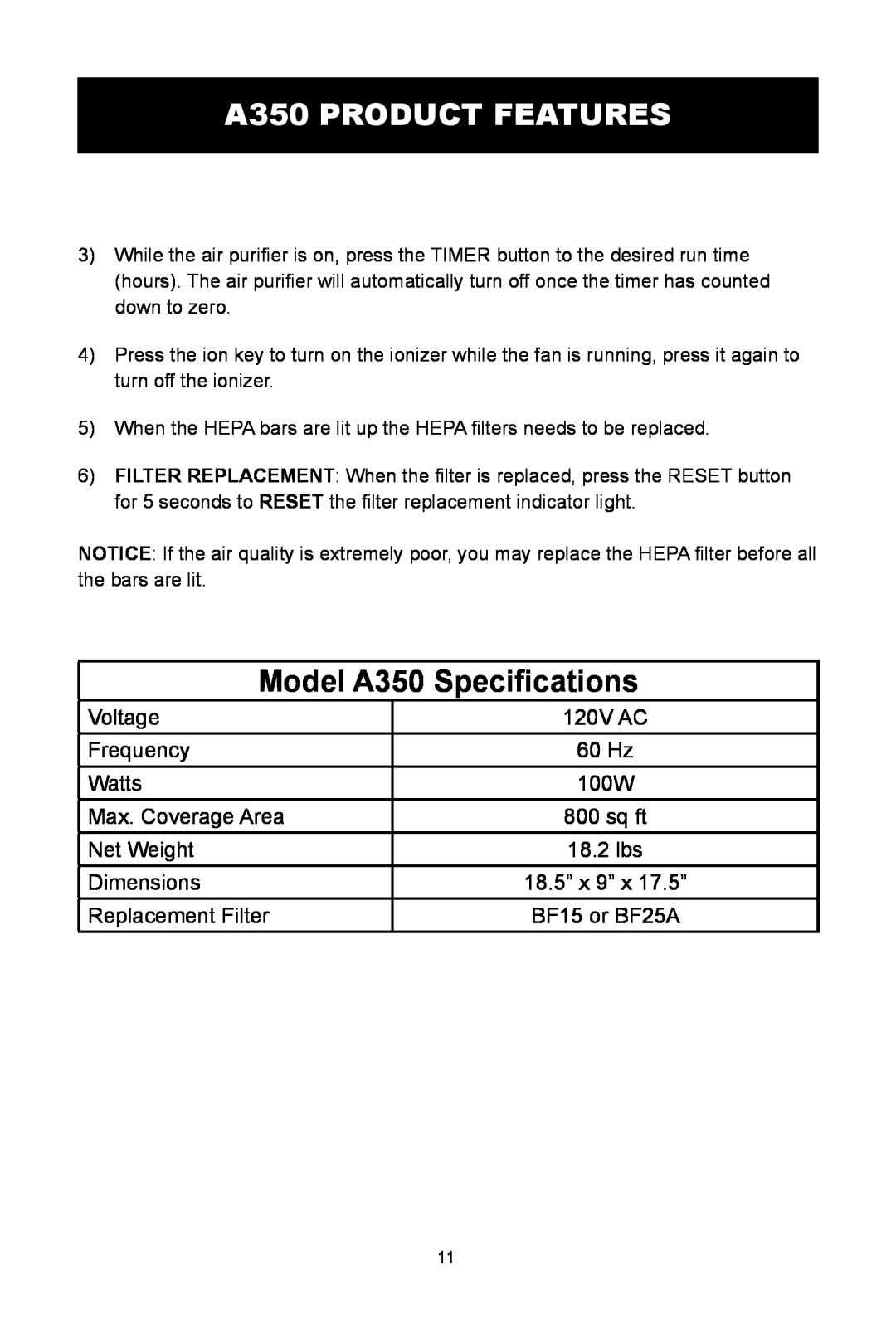 Alen T100, A375 UV, T300 user manual Model A350 Specifications, A350 PRODUCT FEATURES 