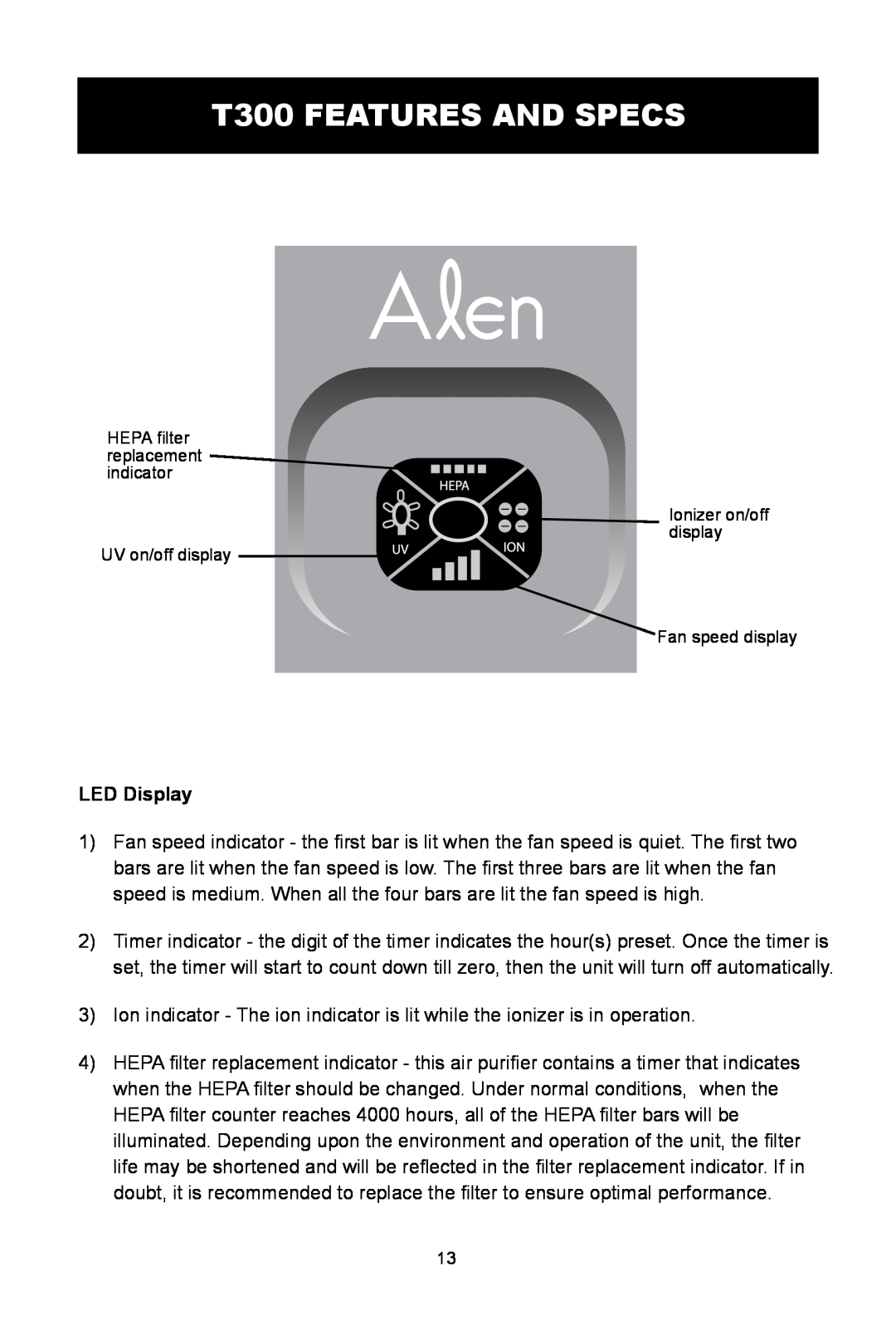 Alen A375 UV, T100, A350 user manual T300 FEATURES AND SPECS, LED Display 