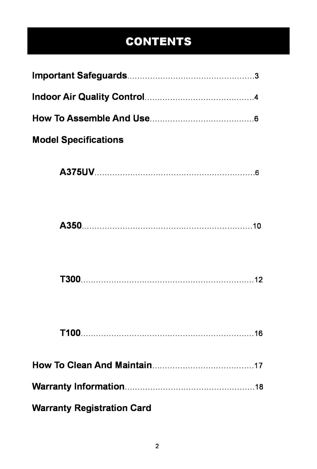 Alen T300, T100, A375 UV, A350 user manual Contents 