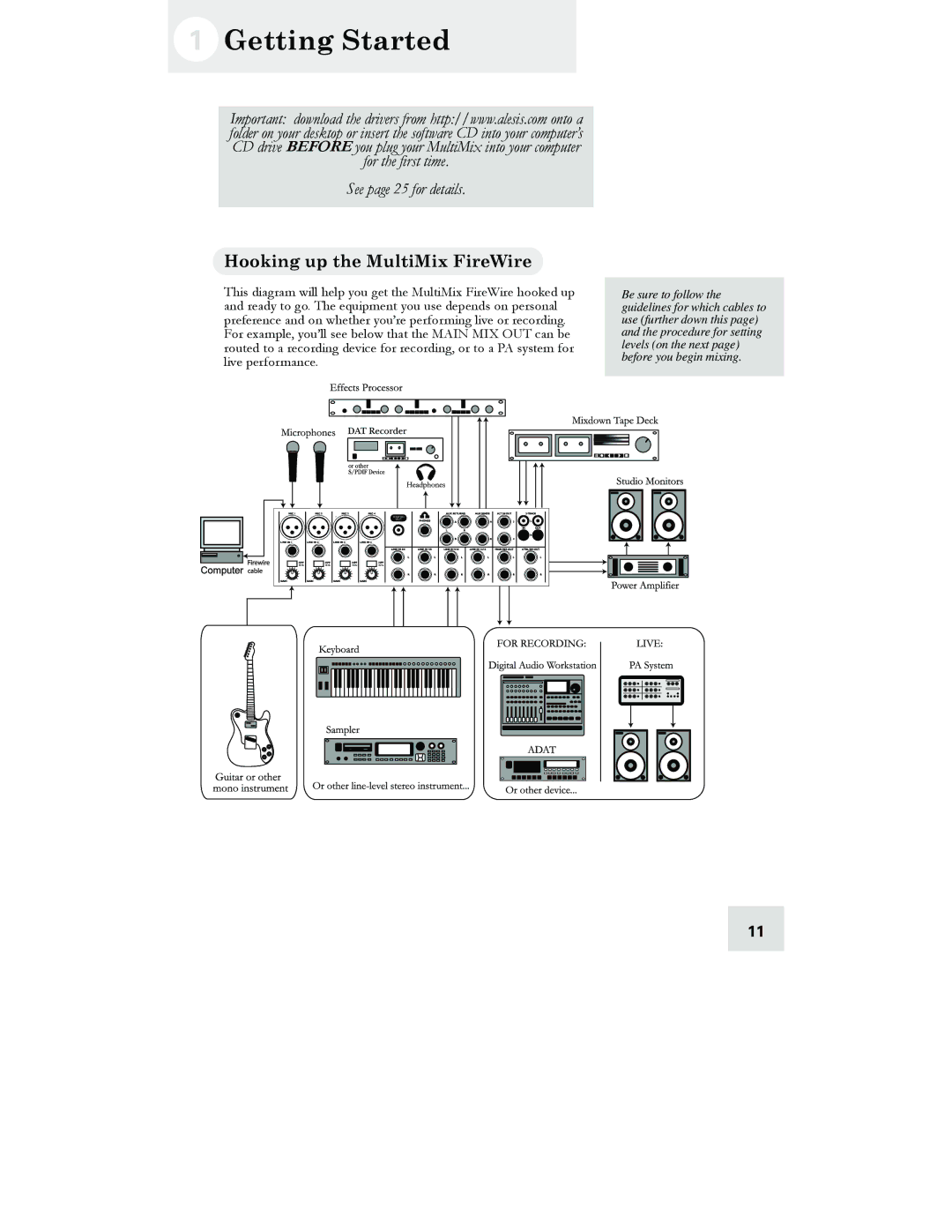 Alesis 12 FireWire, 16 FireWire, 12, 16 manual Getting Started, Hooking up the MultiMix FireWire 