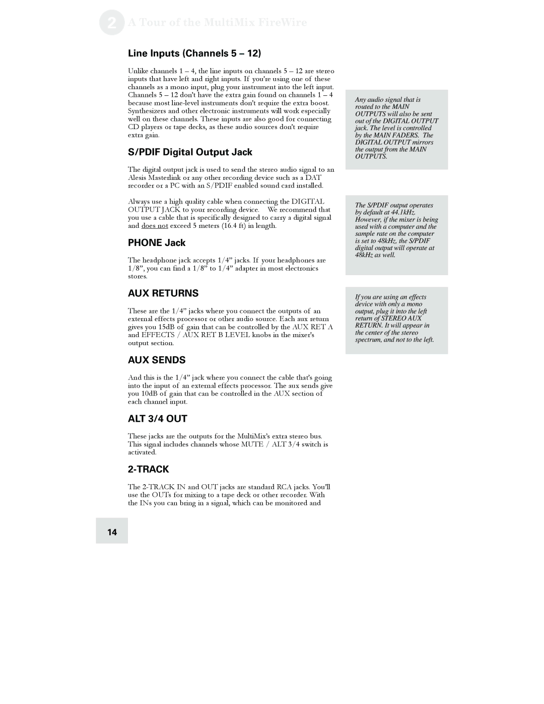 Alesis 12, 16 manual Tour of the MultiMix FireWire, Line Inputs Channels 5, Pdif Digital Output Jack, Phone Jack 
