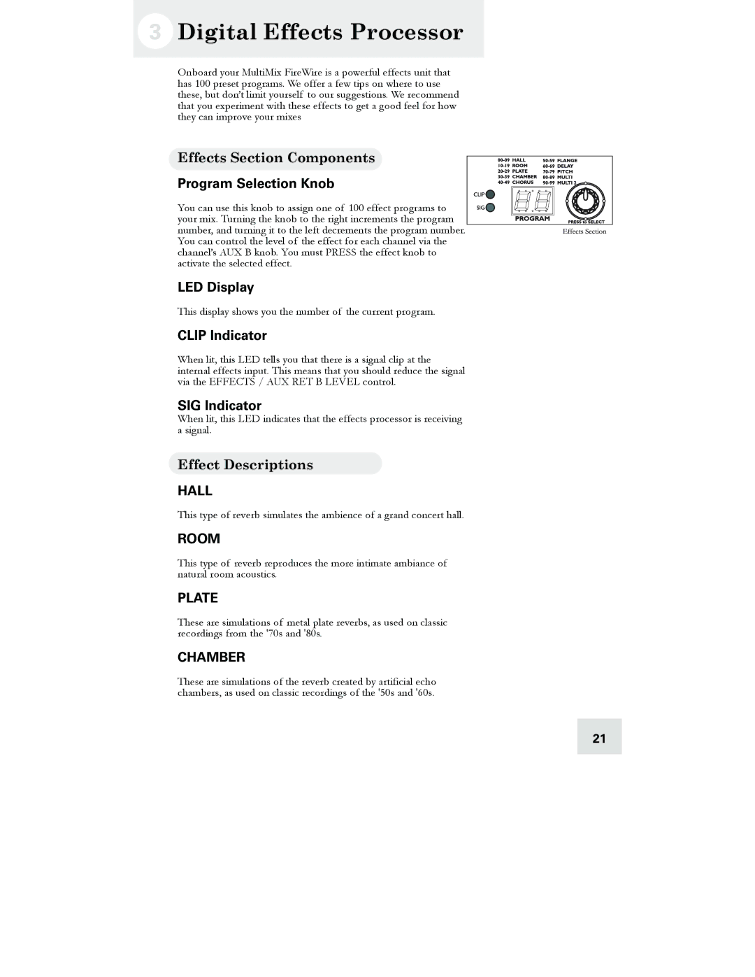 Alesis 12 FireWire, 16 FireWire, 12, 16 manual Digital Effects Processor, Effects Section Components, Effect Descriptions 