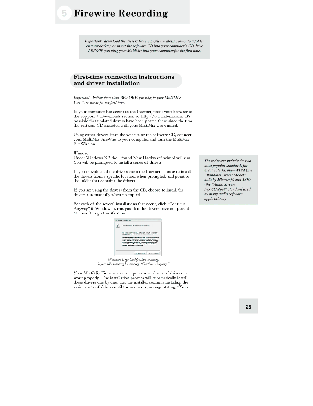 Alesis 12 FireWire, 16 FireWire, 12, 16 Firewire Recording, First-time connection instructions and driver installation 