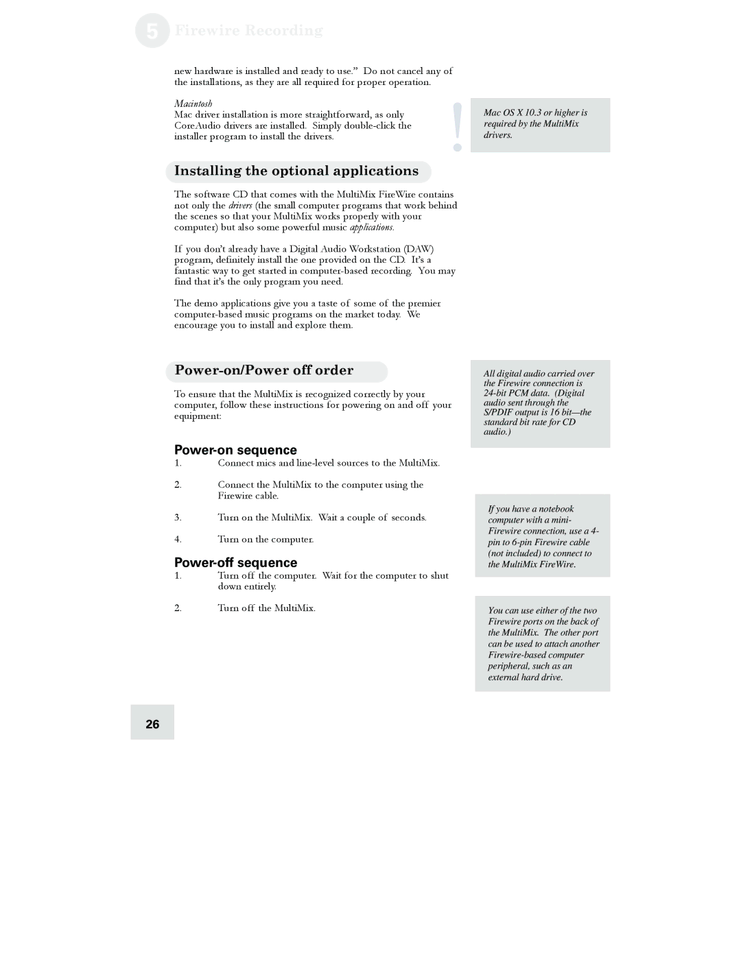 Alesis 12, 16 manual Firewire Recording, Installing the optional applications, Power-on/Power off order, Power-on sequence 