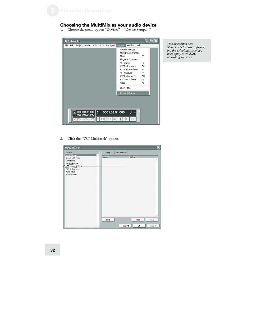 Alesis 12, 16 manual Choosing the MultiMix as your audio device, Choose the menu option Devices Device Setup… 