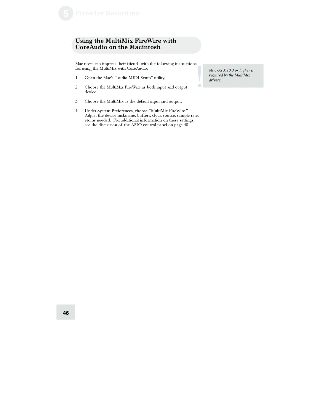 Alesis 12, 16, 12 FireWire, 16 FireWire manual Using the MultiMix FireWire with CoreAudio on the Macintosh 