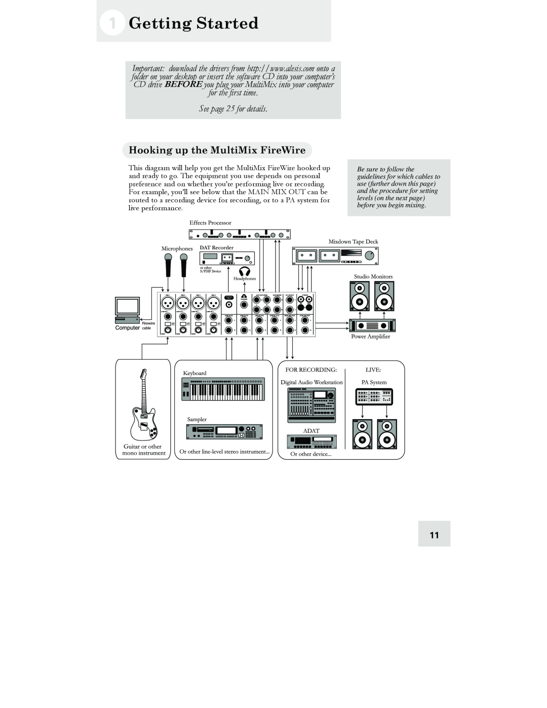 Alesis 12 FireWire, 16 FireWire, 12, 16 manual Getting Started, Hooking up the MultiMix FireWire, See page 25 for details 