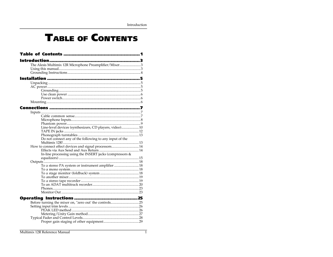 Alesis 12R manual Table of Contents 