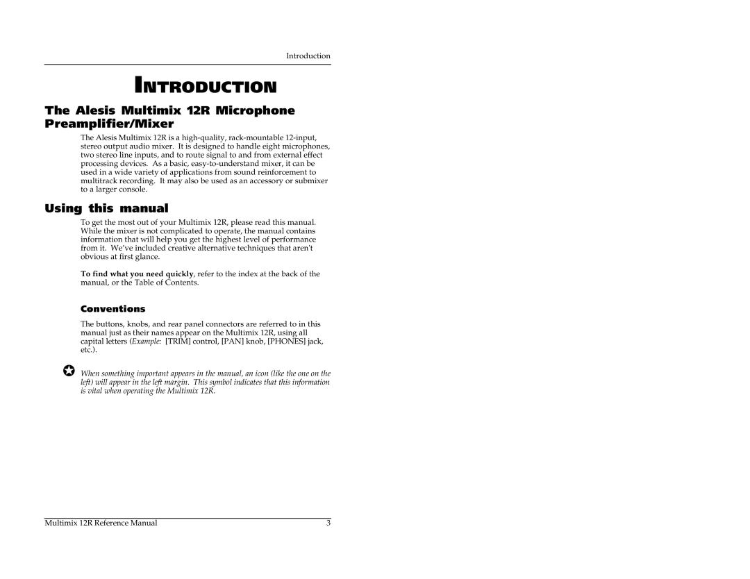 Alesis Introduction, Alesis Multimix 12R Microphone Preamplifier/Mixer, Using this manual, Conventions 