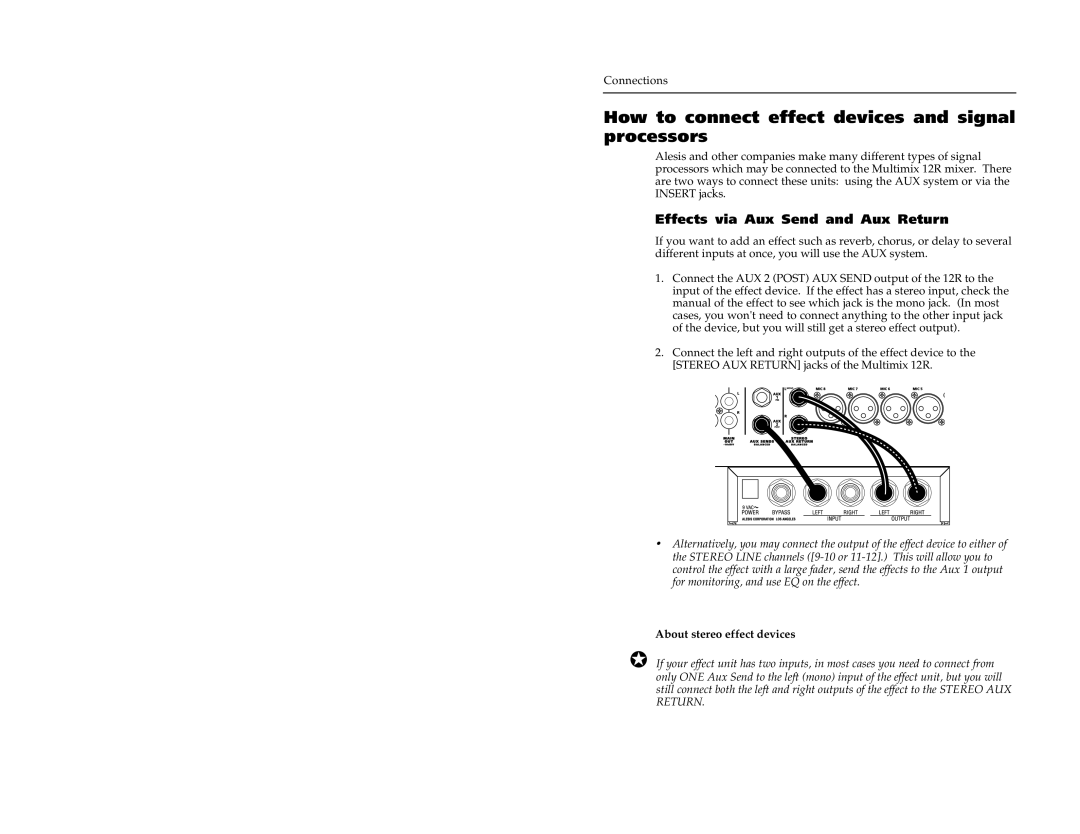 Alesis 12R manual How to connect effect devices and signal processors, Effects via Aux Send and Aux Return 