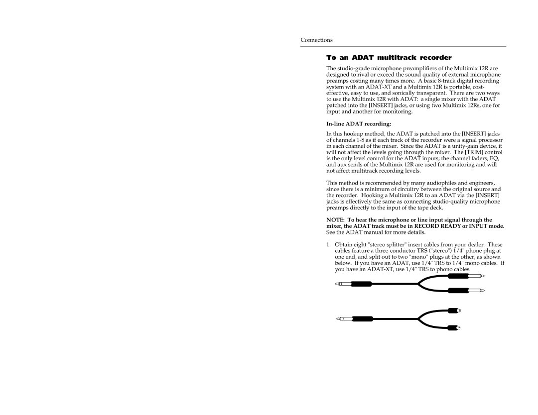 Alesis 12R manual To an Adat multitrack recorder, In-line Adat recording 