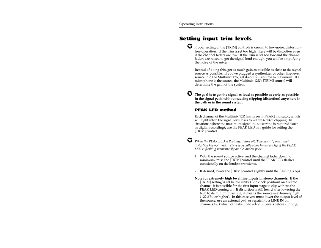 Alesis 12R manual Setting input trim levels, Peak LED method 