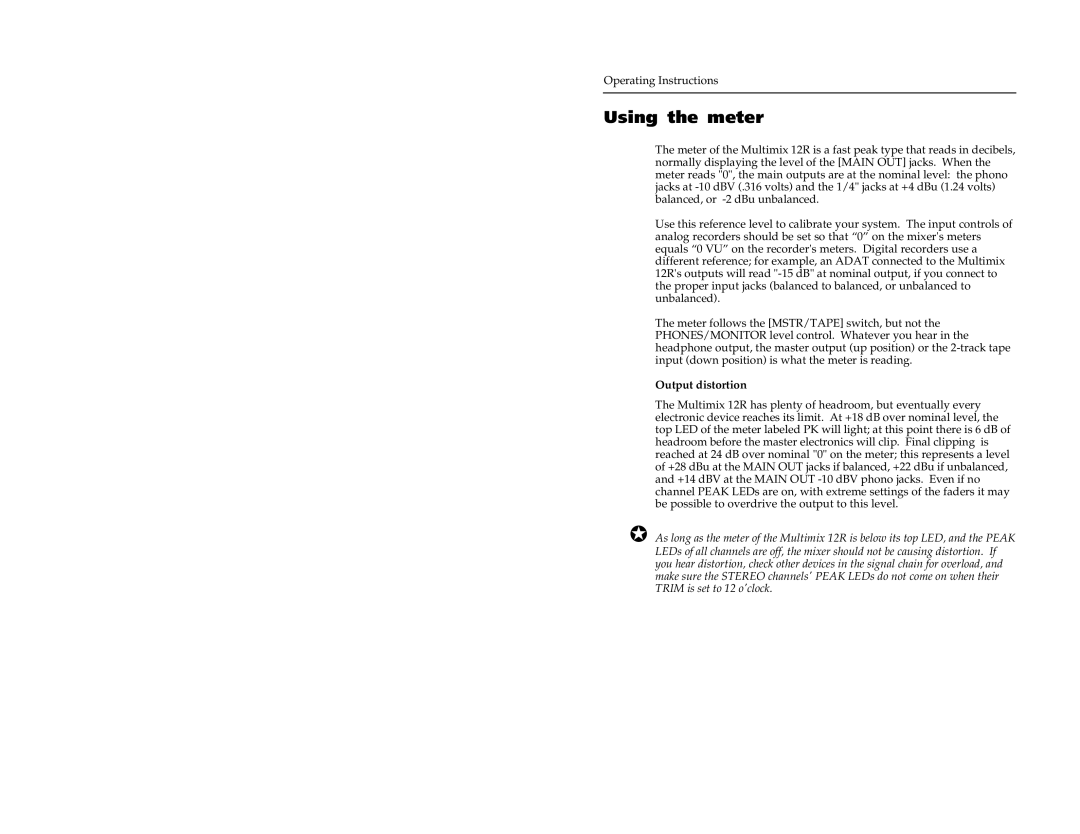 Alesis 12R manual Using the meter, Output distortion 