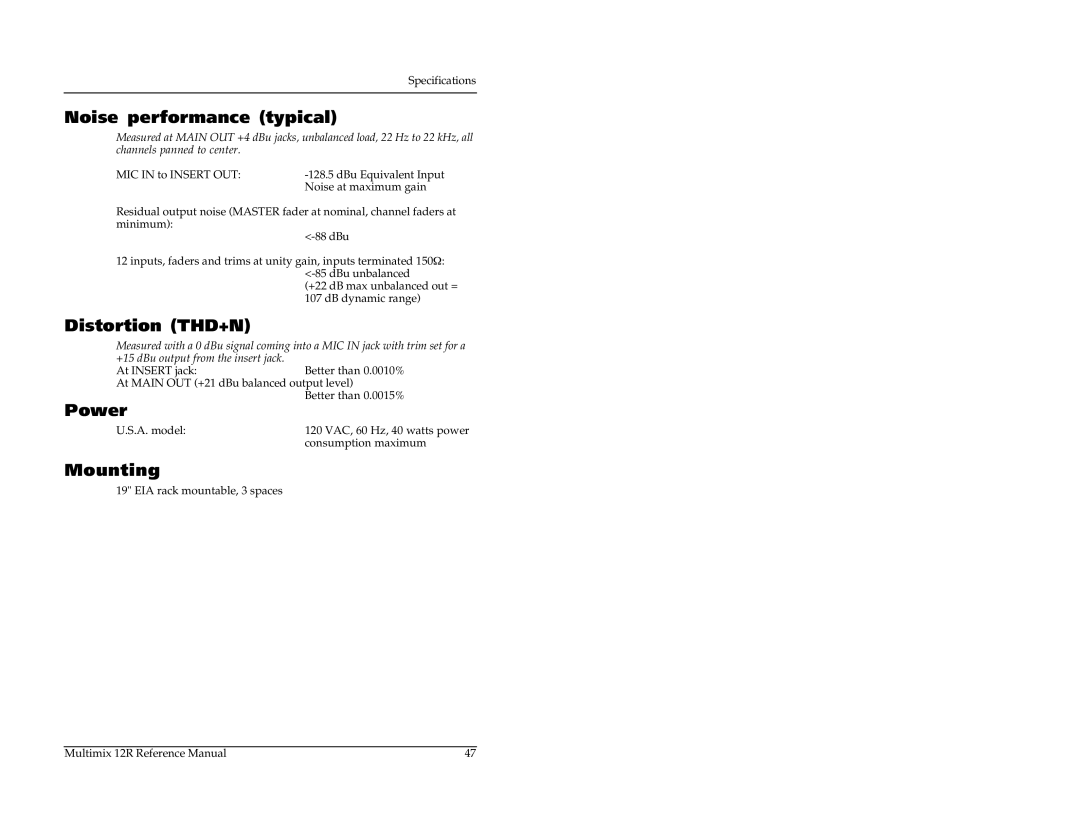 Alesis 12R manual Noise performance typical, Distortion THD+N, Power 