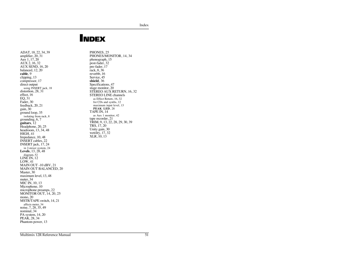 Alesis 12R manual Index, Tape 