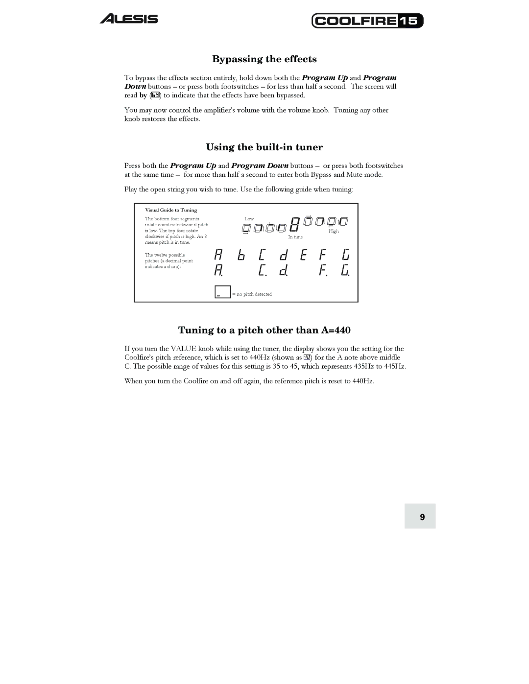 Alesis 15 quick start Bypassing the effects, Using the built-in tuner, Tuning to a pitch other than A=440 