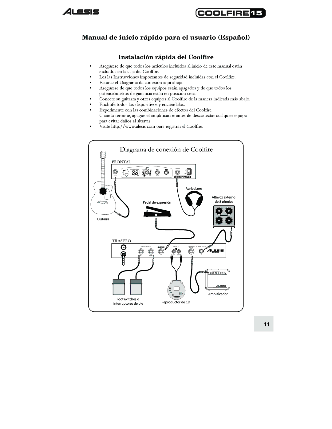 Alesis 15 quick start Manual de inicio rápido para el usuario Español, Instalación rápida del Coolfire 