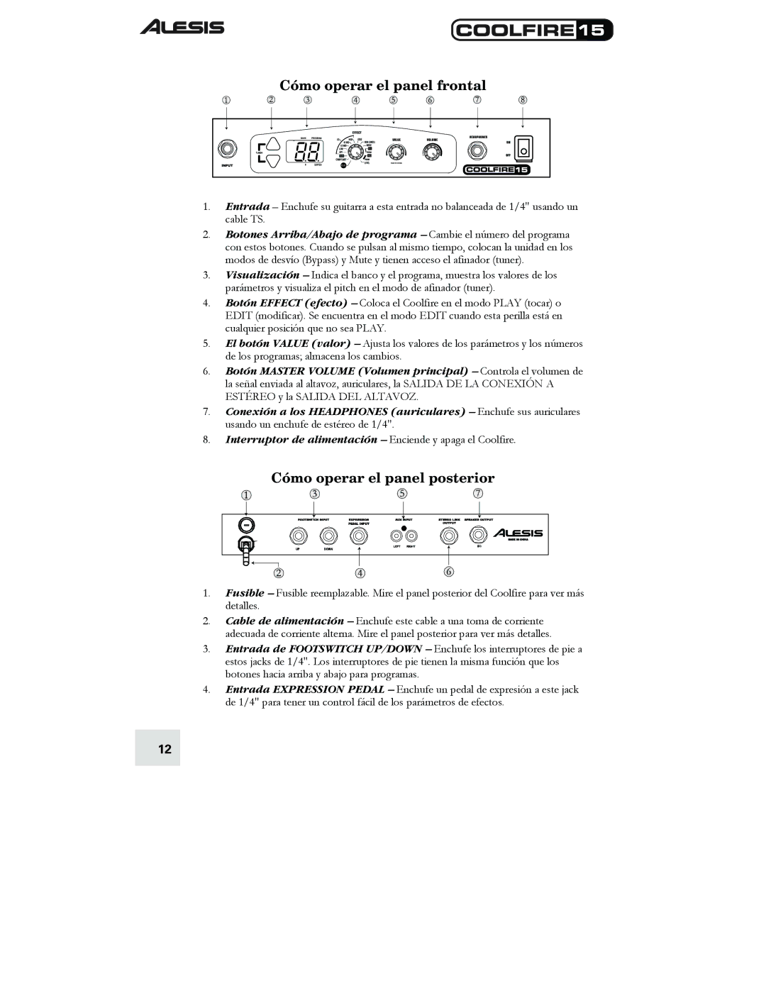 Alesis 15 quick start Cómo operar el panel frontal, Cómo operar el panel posterior 