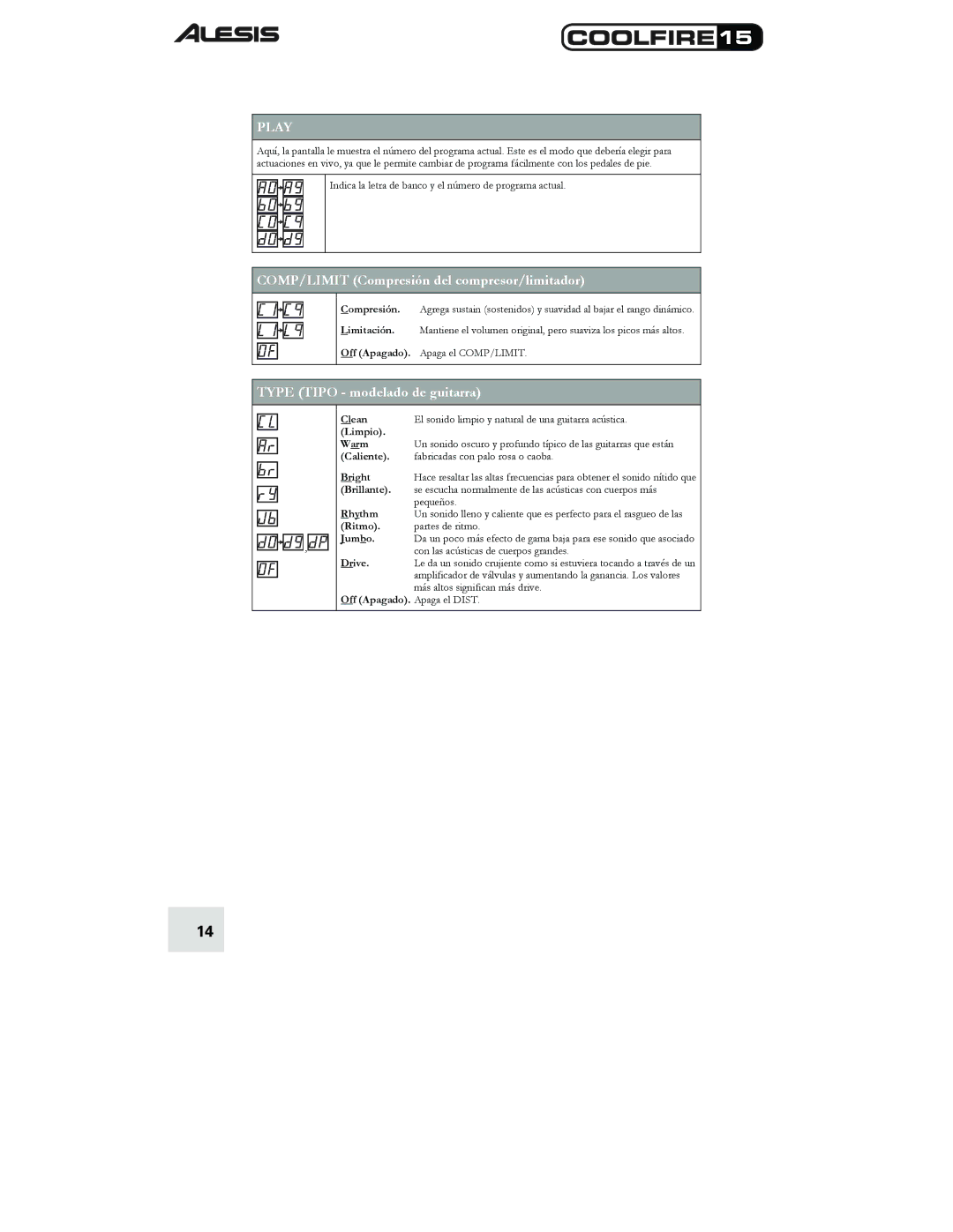 Alesis 15 quick start COMP/LIMIT Compresión del compresor/limitador, Type Tipo modelado de guitarra 