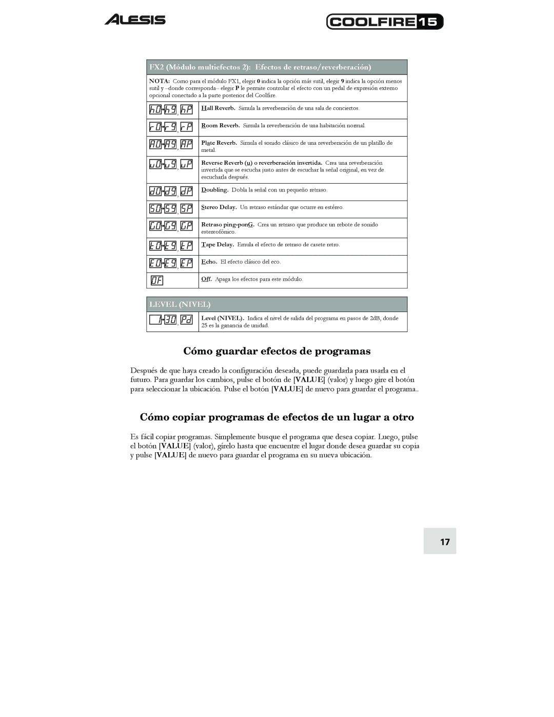Alesis 15 quick start Cómo guardar efectos de programas, Cómo copiar programas de efectos de un lugar a otro, Level Nivel 