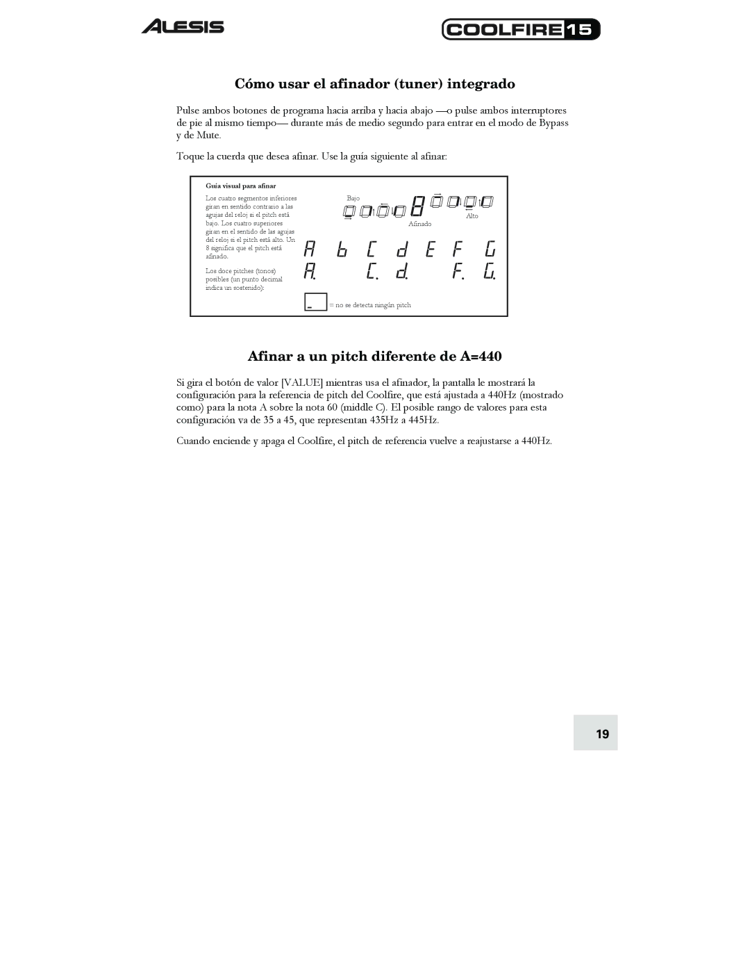 Alesis 15 quick start Cómo usar el afinador tuner integrado, Afinar a un pitch diferente de A=440 