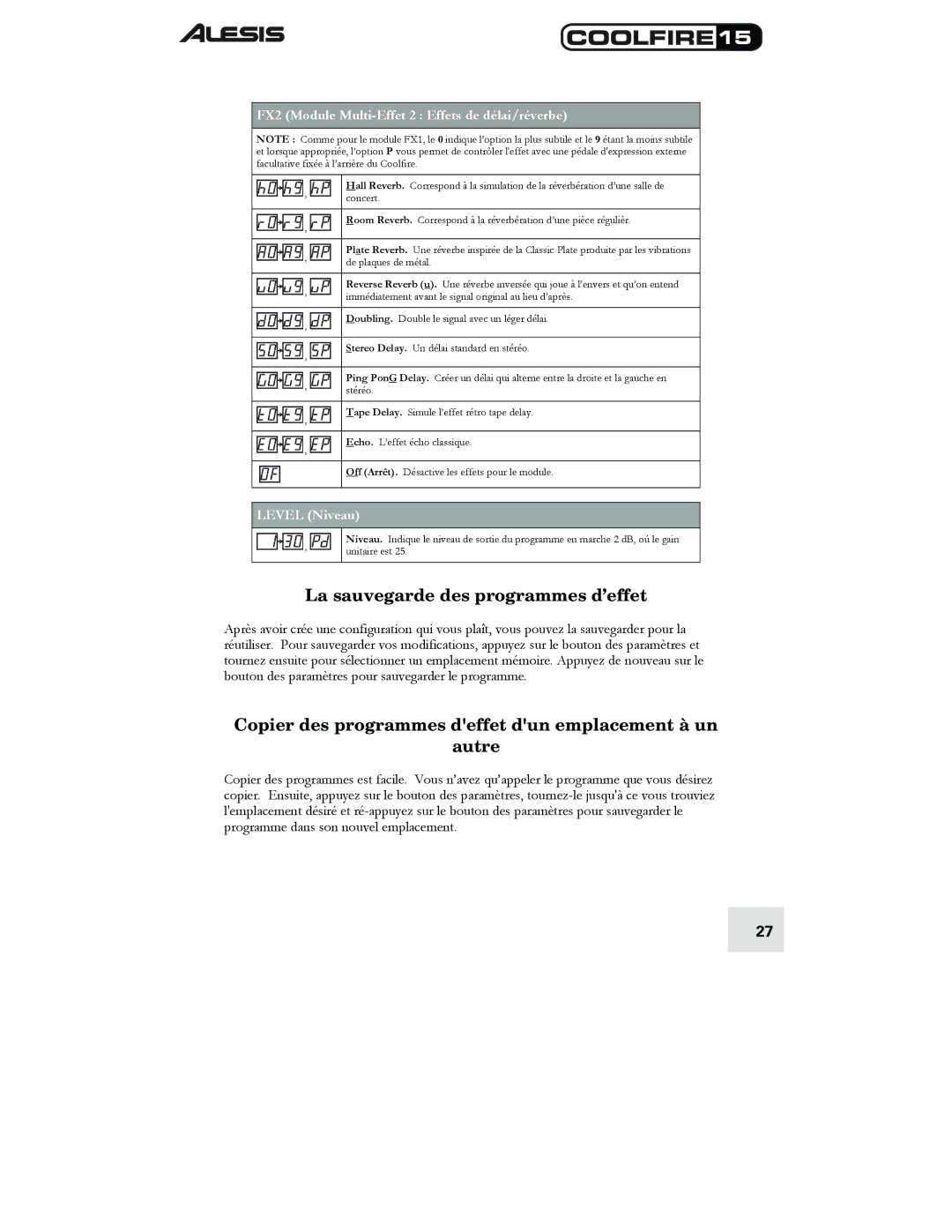 Alesis 15 La sauvegarde des programmes d’effet, Copier des programmes deffet dun emplacement à un Autre, Level Niveau 