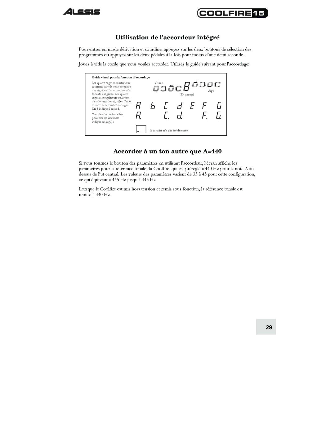 Alesis 15 quick start Utilisation de l’accordeur intégré, Accorder à un ton autre que A=440 