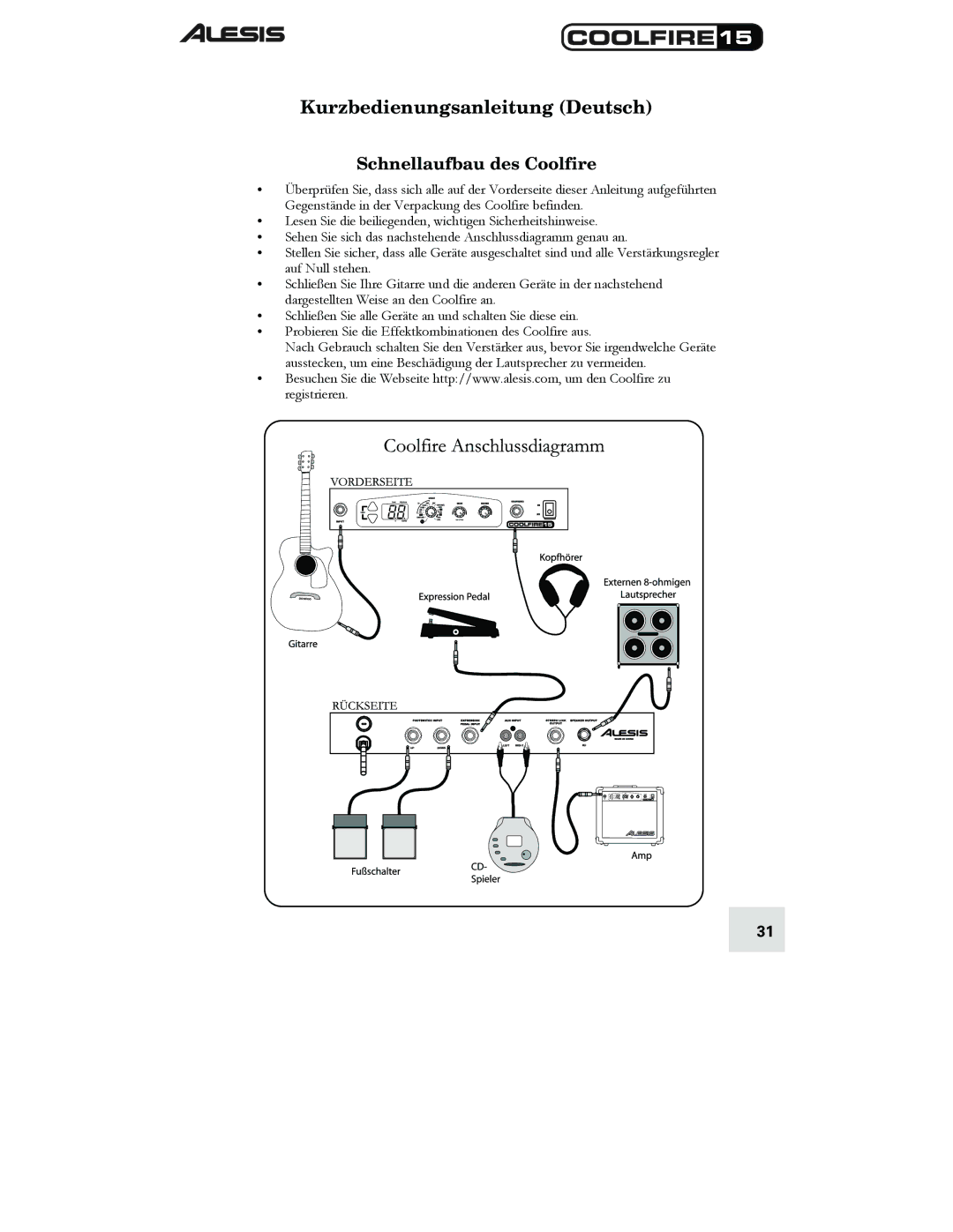 Alesis 15 quick start Kurzbedienungsanleitung Deutsch, Schnellaufbau des Coolfire 