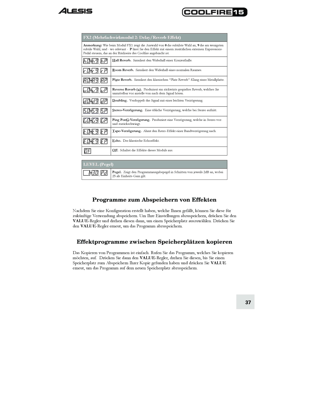 Alesis 15 Programme zum Abspeichern von Effekten, Effektprogramme zwischen Speicherplätzen kopieren, Level Pegel 