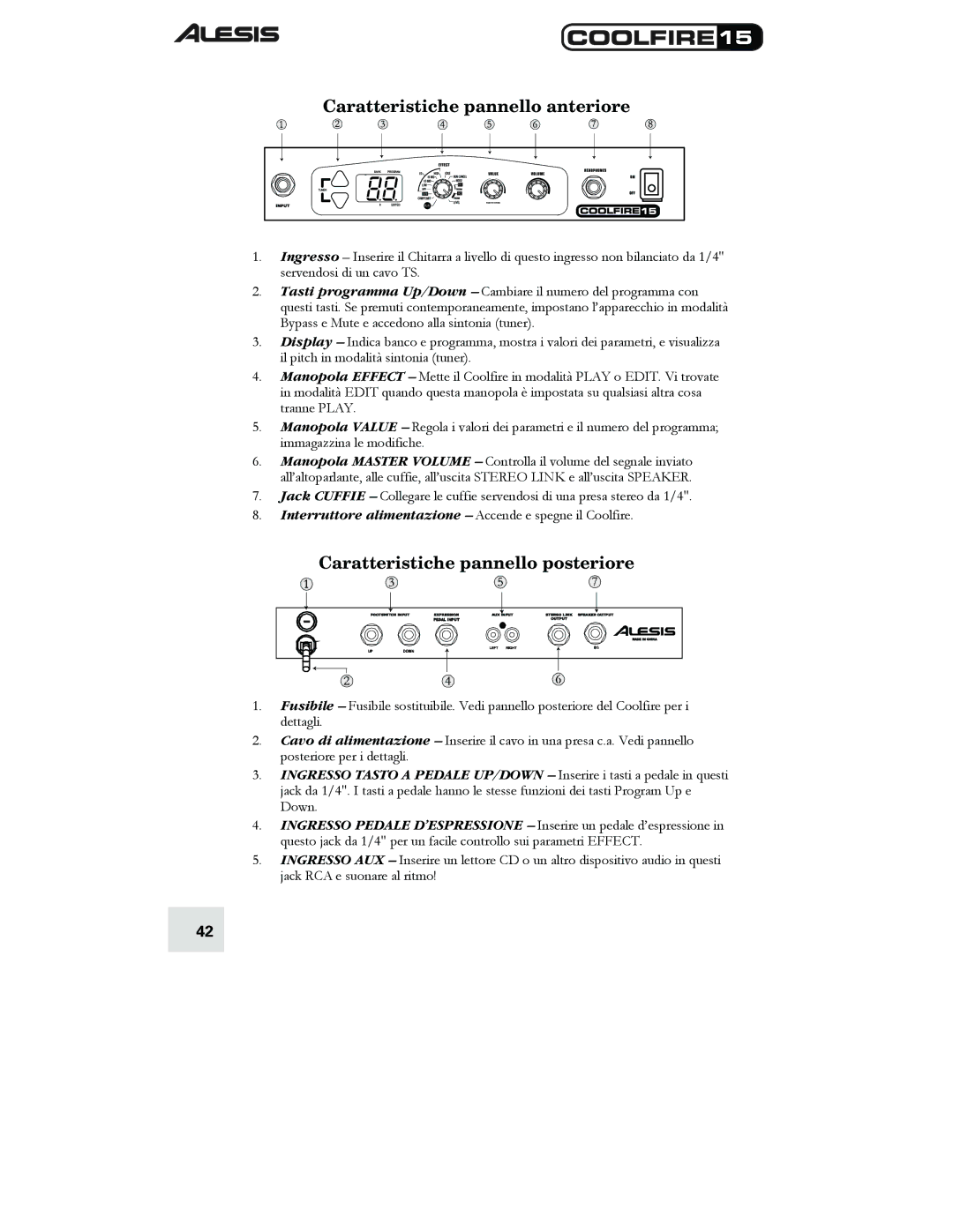 Alesis 15 quick start Caratteristiche pannello anteriore, Caratteristiche pannello posteriore 