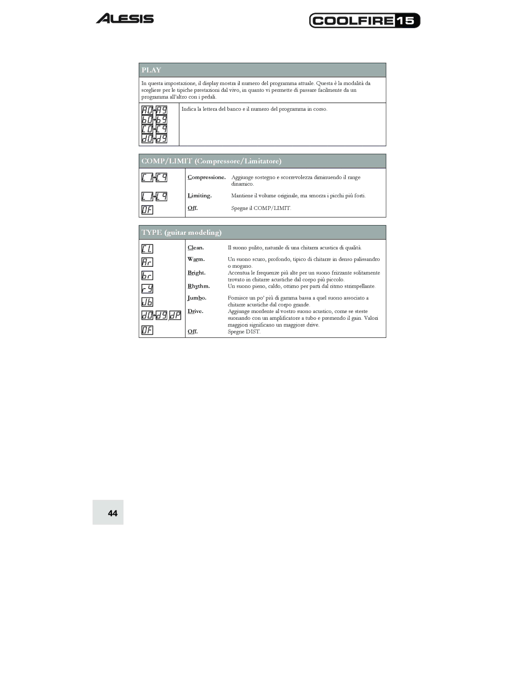 Alesis 15 quick start Play, COMP/LIMIT Compressore/Limitatore 