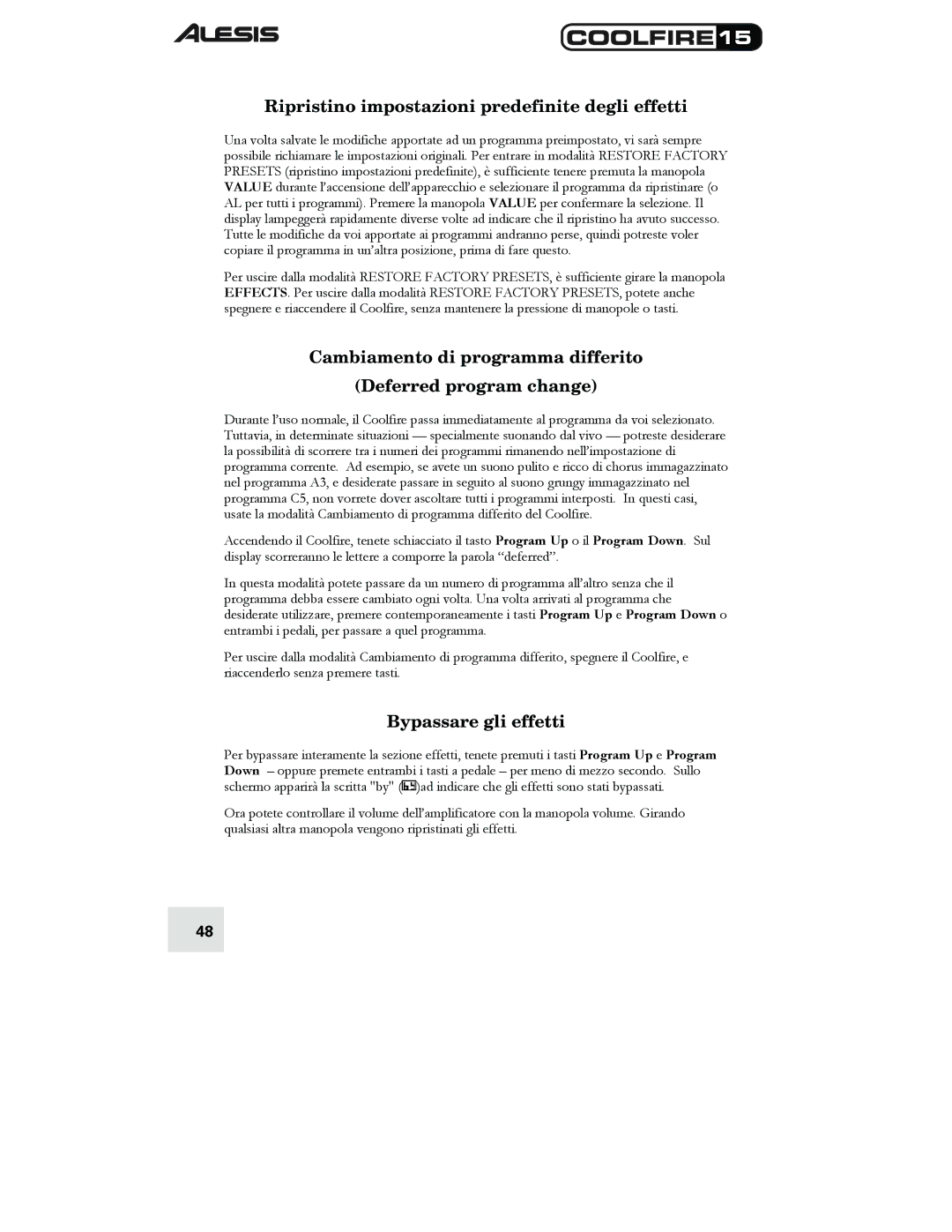 Alesis 15 Ripristino impostazioni predefinite degli effetti, Cambiamento di programma differito Deferred program change 