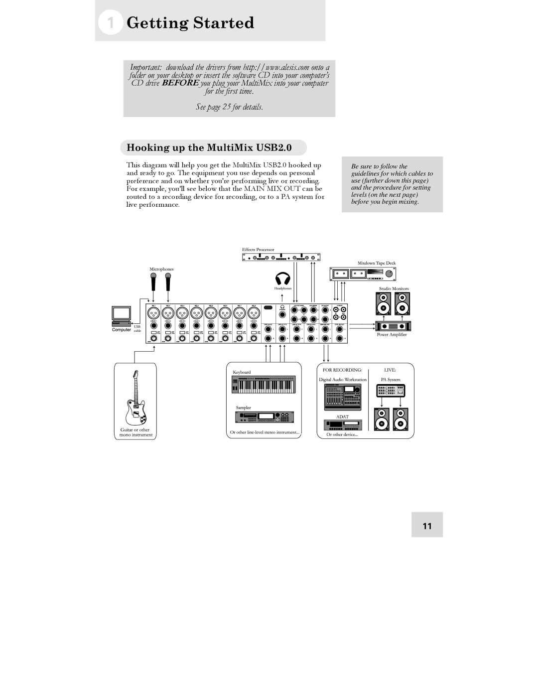 Alesis 16 manual Getting Started, Hooking up the MultiMix USB2.0 