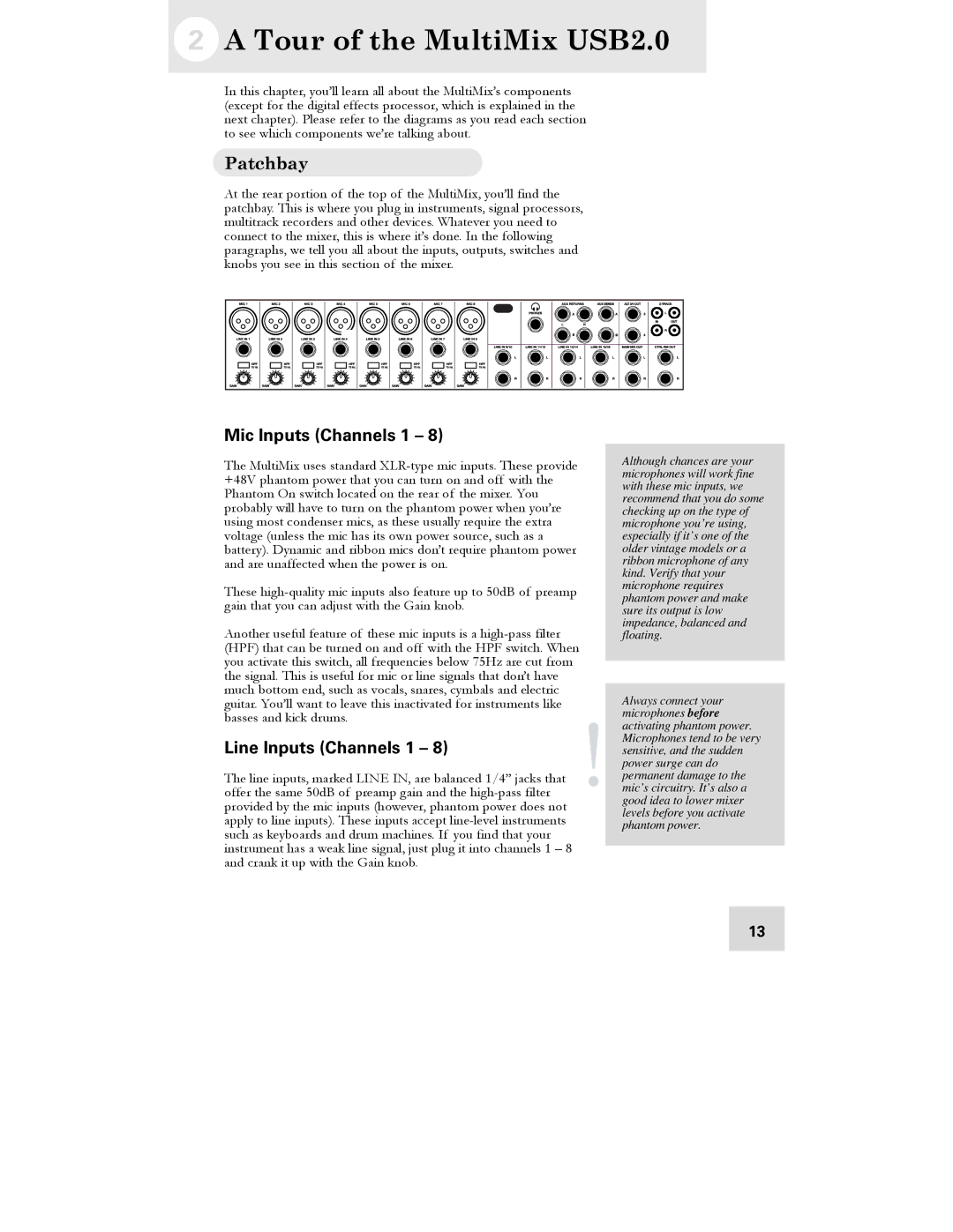 Alesis 16 manual Tour of the MultiMix USB2.0, Patchbay, Mic Inputs Channels 1, Line Inputs Channels 1 