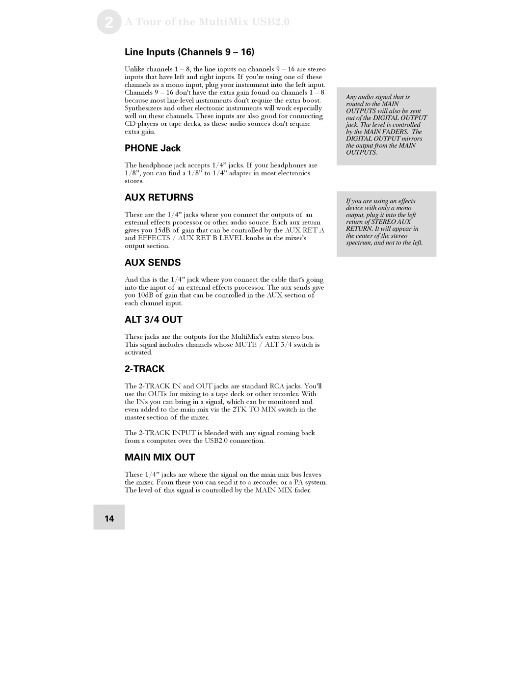 Alesis 16 manual Tour of the MultiMix USB2.0, Line Inputs Channels 9, Phone Jack 
