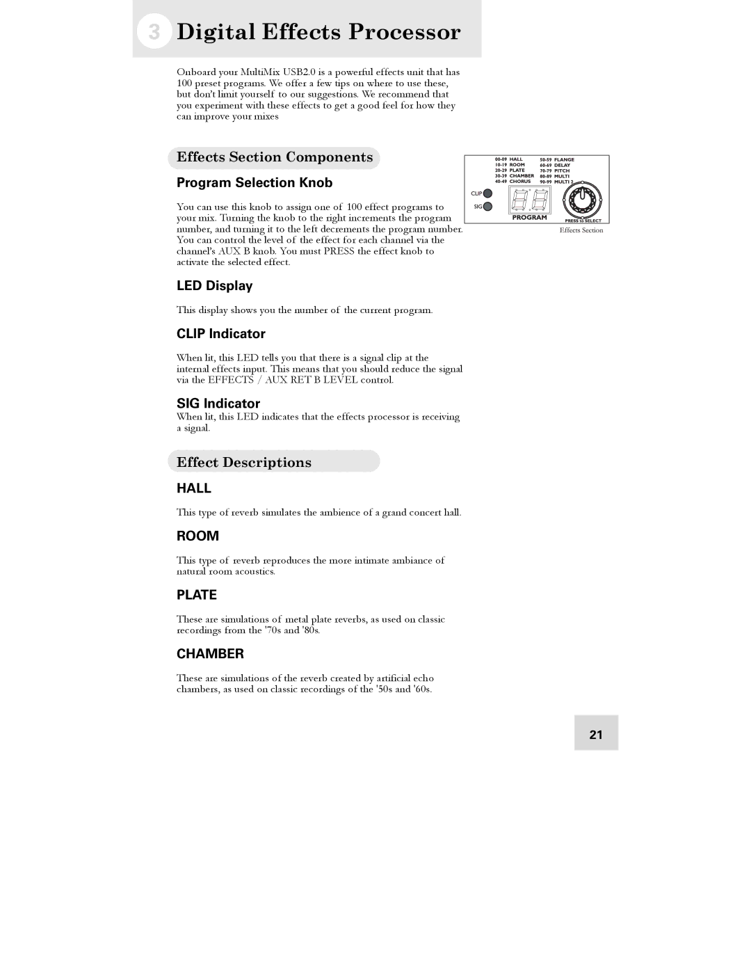 Alesis 16 manual Digital Effects Processor, Effects Section Components, Effect Descriptions 