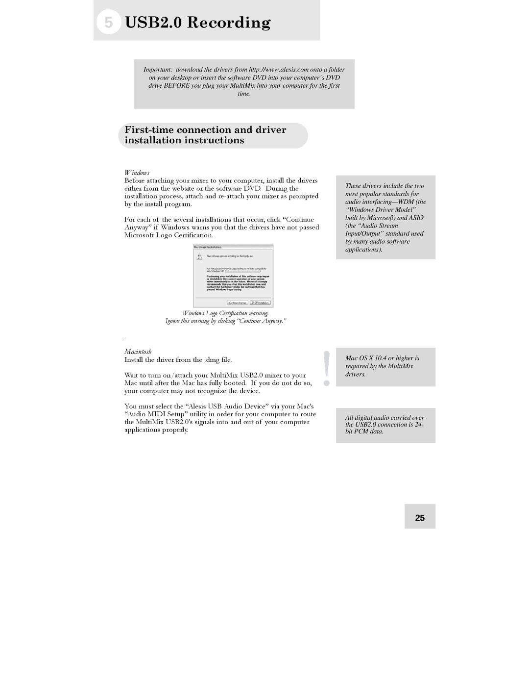 Alesis 16 manual USB2.0 Recording, First-time connection and driver installation instructions 