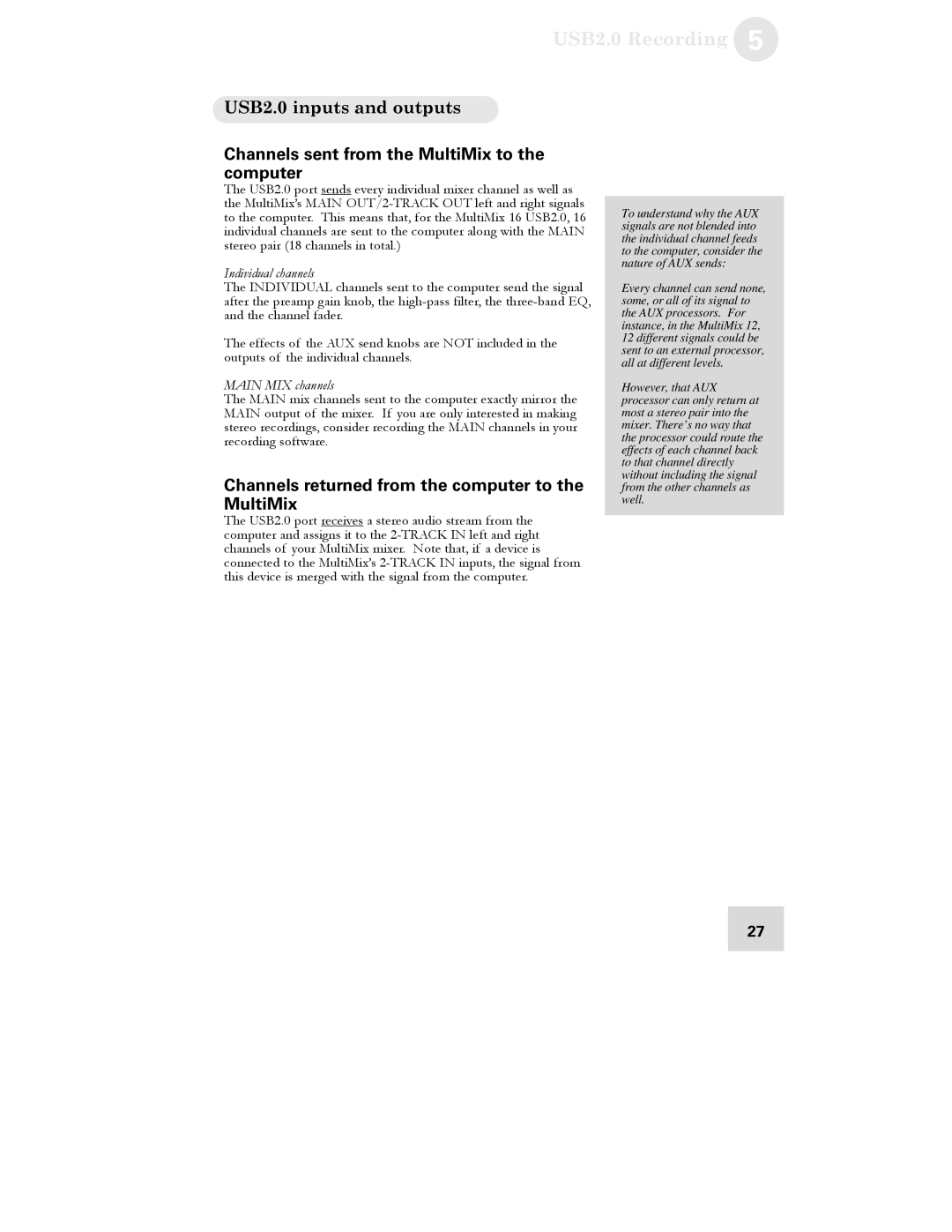 Alesis 16 manual USB2.0 inputs and outputs, Channels sent from the MultiMix to the computer 