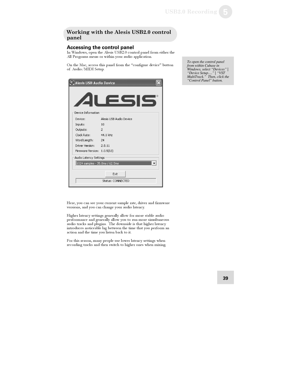 Alesis 16 manual Working with the Alesis USB2.0 control panel, Accessing the control panel 